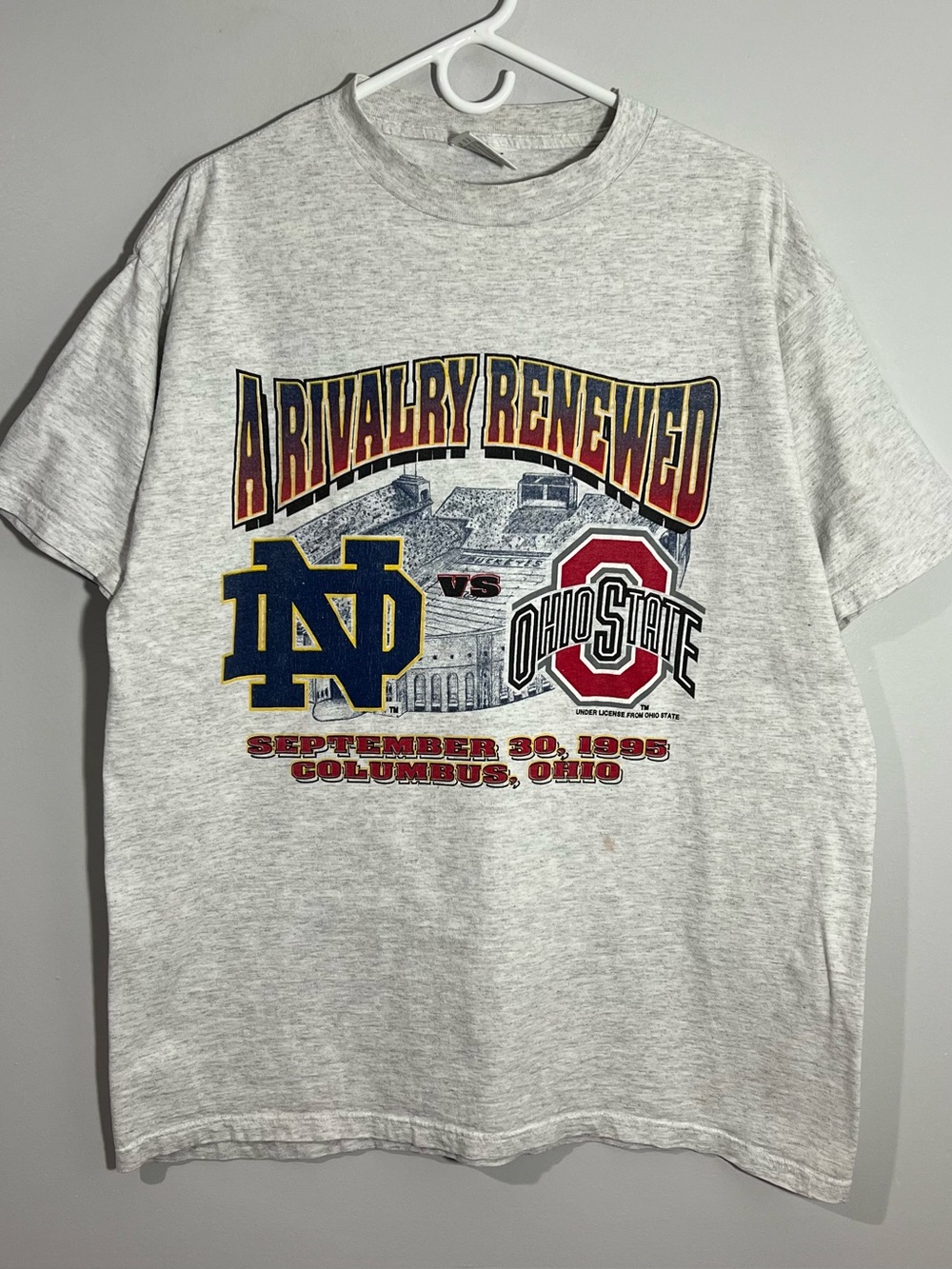 Vintage 1995 Ohio State Vs Notre Dame Football Gray Short Sleeve T-Shirt Mens XL